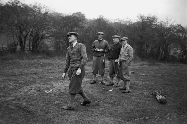 Arsenal players Tom Parker, David Jack and Alex James playing golf with manager Herbert Chapman, 14th November 1929.  The club won their first ever piece of silverware this season, beating Chapman's old side Huddersfield Town 2-0 in the FA Cup final.