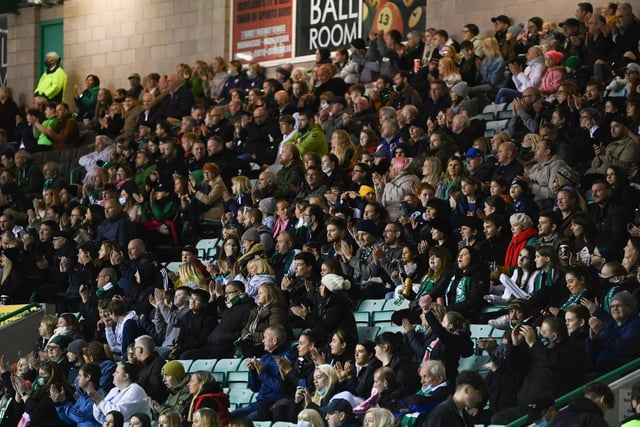 Fans watch on as Hibs Women defeat rivals Hearts 3-0 at Easter Road. The match saw a record breaking attendance for a Scottish women's domestic football game as almost 6k attended the Edinburgh derby.
