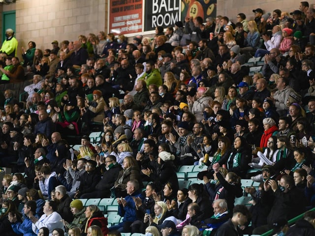 Fans watch on as Hibs Women defeat rivals Hearts 3-0 at Easter Road. The match saw a record breaking attendance for a Scottish women's domestic football game as almost 6k attended the Edinburgh derby.
