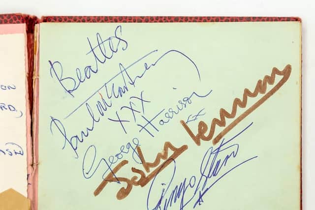 Pamela Timson's Beatles autographs.  A gesture of goodwill by a mystery member of The Beatles could earn a Nottinghamshire woman thousands of pounds as she prepares to part with treasured musical memories from the 1960s.  See SWNS story SWMDbeattles.  The Fab Four were so new on the music scene in 1963, Pamela Timson hadn’t worked out which Beatle was which when one popped out from a backstage door at the Granada Theatre in Mansfield, Notts 57 years ago.  Pamela, then just 12, used to hang out there with friends and other young music fans in the hope of gaining autographs. When a musician or singer appeared, they’d all thrust their autograph books up in hope. Her book was among a few whisked away by the unknown Beatle. It was returned to her shortly afterwards with a full set of Beatles signatures - Paul McCartney, George Harrison, John Lennon and Ringo Starr.  Now Pamela’s autograph book, which boasts other 1960s musical legends including Adam Faith, Roy Orbison and The Walker Brothers, is due to go under the hammer at Hansons Auctioneers on July 21 with a guide price of £3,000-£4,000.