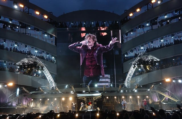 A big screen showing Mick Jagger of the Rolling Stones on stage at Don Valley Stadium, Sheffield on August 27 2006