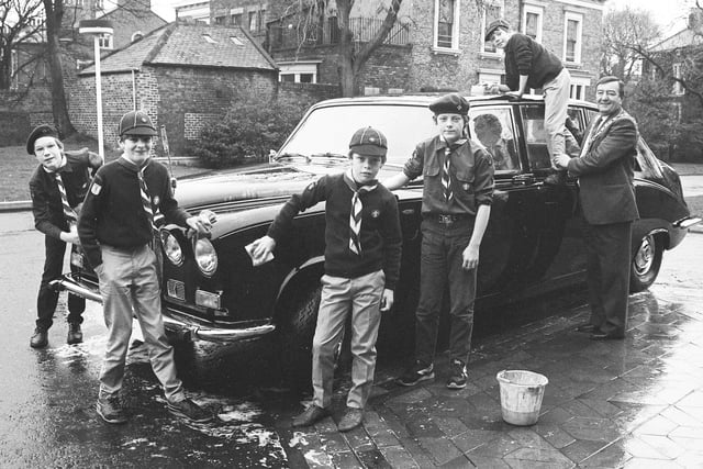 Thorney Close Cubs and Scouts cleaning the Mayor's car for Bob A Job Week. Remember this?