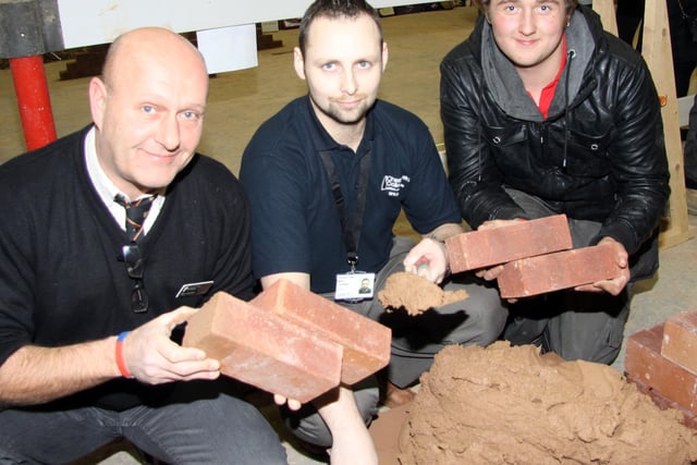 Chesterfield College Fundraiser in 2011. L-R, Steve Everton, Mark Lievesley, James Fearn launching the bricklaying challenge.