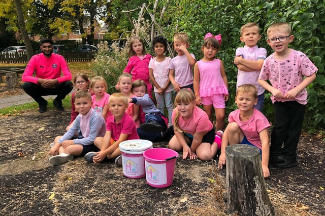 Think Pink week saw pupils across Havant don pink for Hannah's Holiday Home, mayoral charity of Cllr Prad Bains. Pictured: Hart Plain Infant School