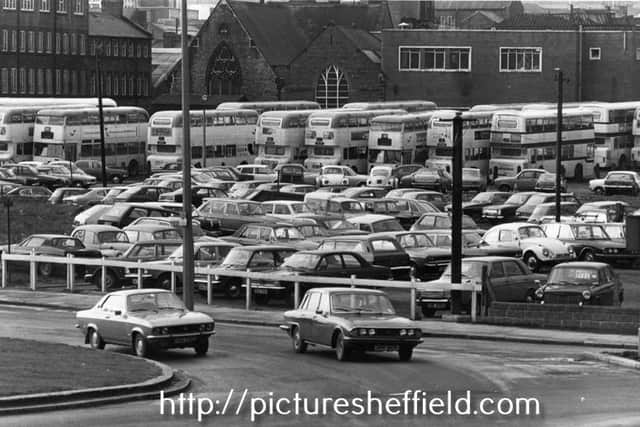 Leadmill Road during the bus strike which accounts for all the buses parked in the background 1978