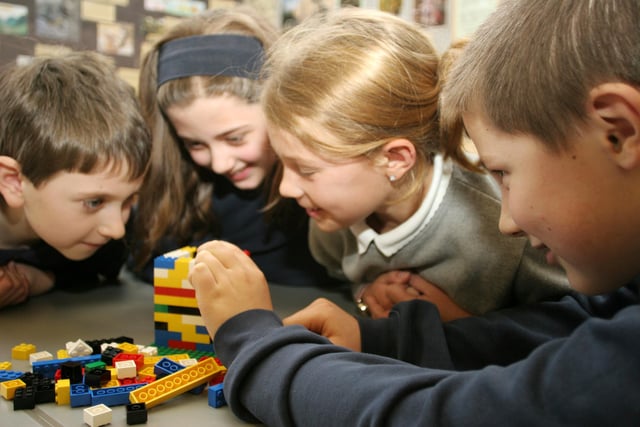 Aperknowle Primary pupils Ellis Masser, Alex Sotirios,Enya Robson, Jon Bisset build a lego tower as part of their inspireing construction day.