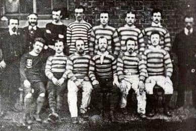 A Sheffield Wednesday football team from 1878 when the side played in unfamiliar hoops by comparison with their more familiar trademark blue and white stripes.