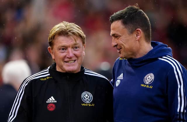 Sheffield United manager Paul Heckingbottom (right) and assistant Stuart McCall (left) during the Sky Bet Championship play-off semi-final. Mike Egerton/PA Wire.