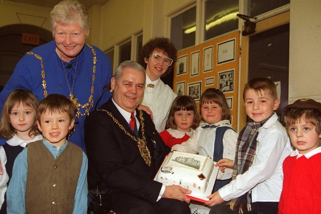 The Lord Mayor of Sheffield, Councillor Tony Arber, and the Lady Mayoress, Rosemary Arber, join headteacher Jenny Earl to celebrate the Lydgate School's 90th birthday with some of the pupils in 1997