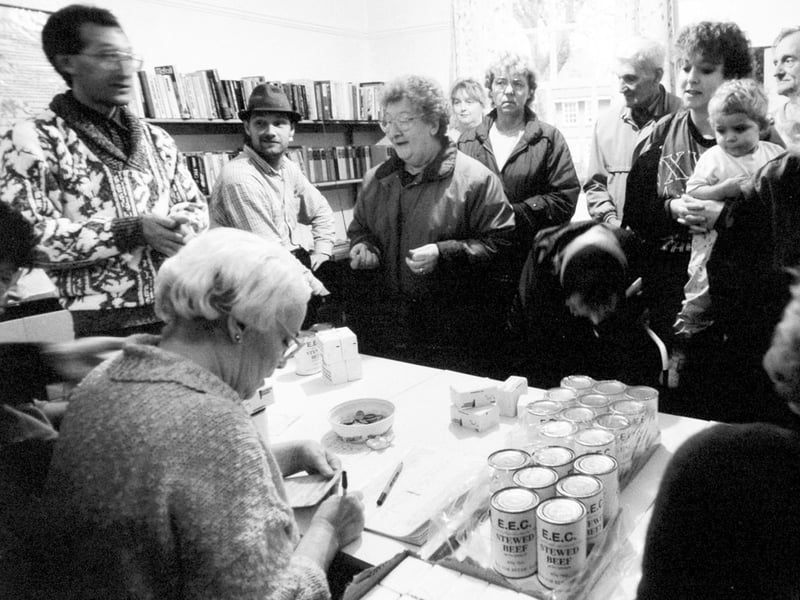 Nearly 1,000 people queued for up to two hours in the rain for the Common Market butter and stewing meat at Shiregreen, Sheffield. The Ministry of Agriculture last night threatened to cut off the food supply to the Shiregreen Tenant's Association if it did not toe the Government line. But the group vowed to carry on its policy of distributing the free food to any pensioner or unemployed person living in the area and said it would fight the Govermnment threats. November 6, 1991