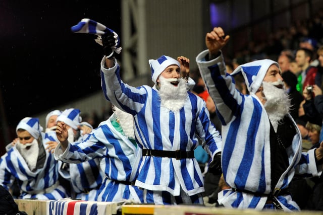 Wednesday fans in festive mood at Blackburn Rovers' Ewood Park in December 2014.