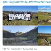 The East Midlands Patriotic Alternative group took pictures in the Peak District with a flag that read 'It's ok to be white'. Credit: Twitter.