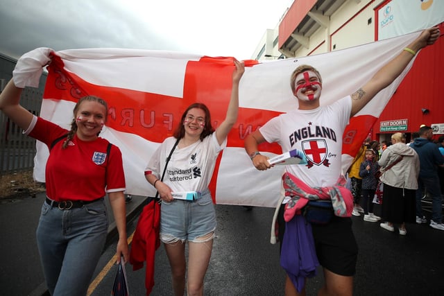 England fans pose prior to the UEFA Women's Euro 2022 semi-final match at Bramall Lane, Sheffield. Photo credit: Nick Potts/PA Wire.