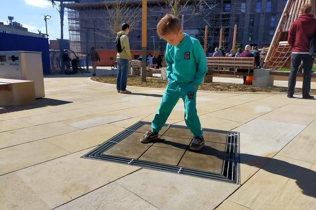One of the many features includes these dance chimes, which are set into the floor and make music when you jump on them - as demonstrated by Noah here.