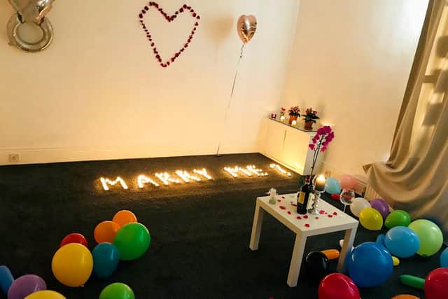 How Albert Ndreu's proposal to girlfriend Valeria Madevic looked before the fire started (pic: Albert Ndreu / SWNS)