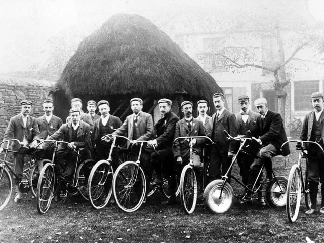 Members of Sharrow Cycling Club outside their headquarters at the old Pomona Hotel, Ecclesall Road, c1887.