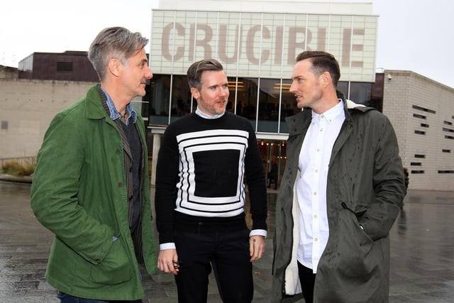 Pictured outside the Crucible Theatre, Sheffield are the director of Everybody's Talking About Jamie, Jonathan Butterell, and co-writers Tom MacRae and Dan Gillespie Sells, singer-songwriter of The Feeling. The show premiered at the Crucible from February 9 to 25, 2017