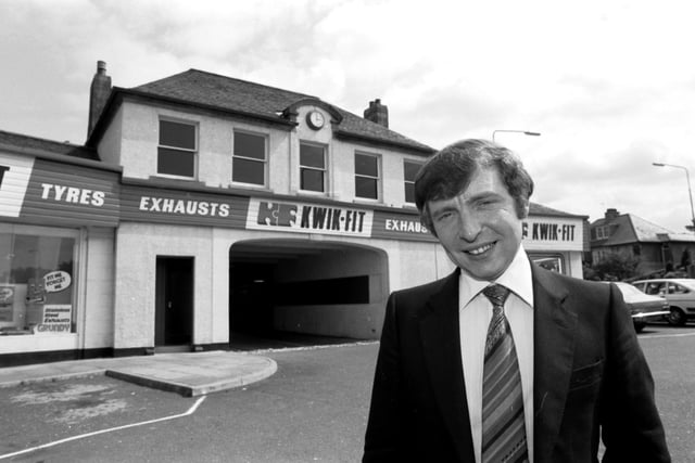 (Later Sir) Tom Farmer, founder of the Kwik-Fit tyre and exhaust chain outside his Hillhouse Road depot in August 1980.