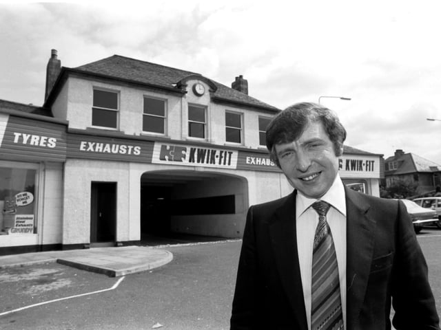 (Later Sir) Tom Farmer, founder of the Kwik-Fit tyre and exhaust chain outside his Hillhouse Road depot in August 1980.