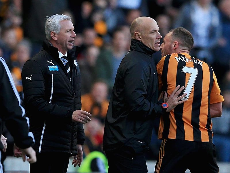 Possibly the most memorable moment of Alan Pardew’s time at Newcastle, but for all the wrong reasons. An innocuous-looking incident between Pardew and Meyler resulted in the Newcastle boss seemingly headbutting the Hull City midfielder. (Photo by Matthew Lewis/Getty Images)