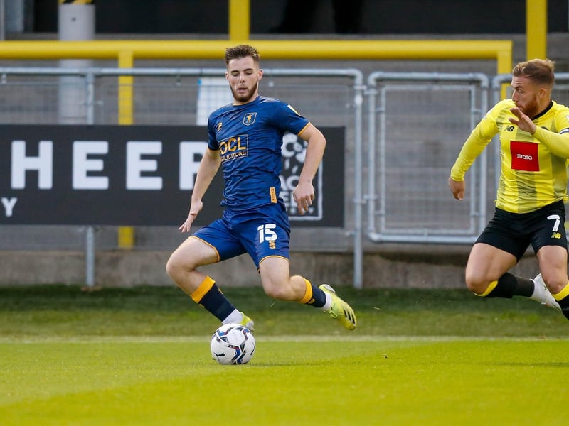 Ryan Burke controls the ball under the watchful eye of George Thomson.