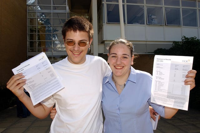 Rob Osborne(18) and Christine Beer(18) celebrate good A Level results at Fareham College. Rob will be going to Reading University to study Computer Science and Christine is joining the Royal Navy and studying Mechanical Engineering at Southampton University in 2003. Picture: Steve Reid (034051-14)