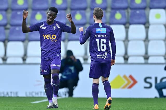 Ismaila Coulibaly, on loan from Sheffield United to Belgian side Beerschot, celebrates after scoring during a 1-1 draw with Gent. Photo: JOHAN EYCKENS/BELGA MAG/AFP via Getty Images.