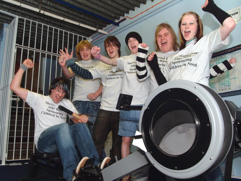 Pupils at Sherwood Hall School in Mansfield held a 24-hour sponsored row for Children In Need. 
Greg Shaw is pictured being cheered on by fellow Wendy's Angels team mates, from left, Scott Mellors, James Davies, David Stevenson, Jack Rydings and Sarah Higgins.
