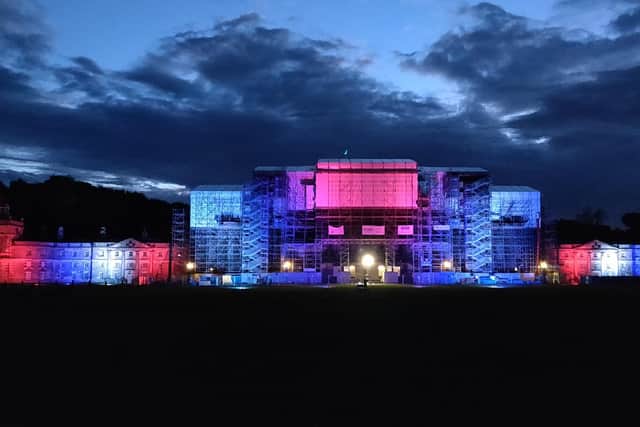 Wentworth Woodhouse has been illuminated in the colours of the British flag to mark the 75th anniversary of VE Day. Picture: Wentworth Woodhouse Preservation Trust.