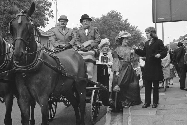 Allan Dodds, 22, dressed as a bank manager, greets customers from their horse drawn carriage outside the Grangetown Trustee Savings Bank branch. Remember this from 1974?