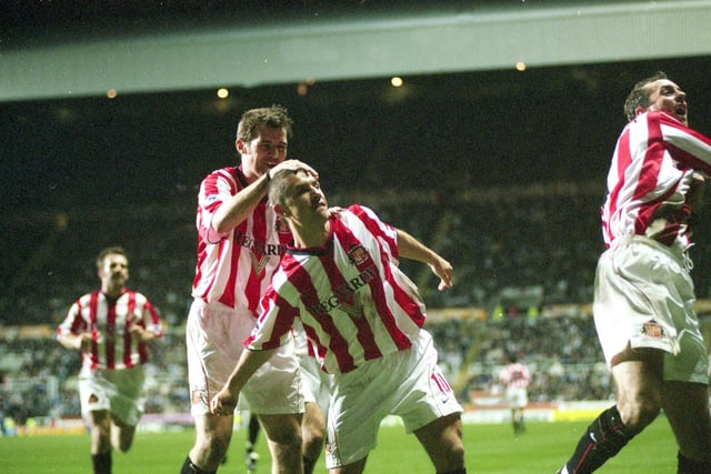 Kevin Kilbane and Kevin Phillips celebrate against Newcastle United.