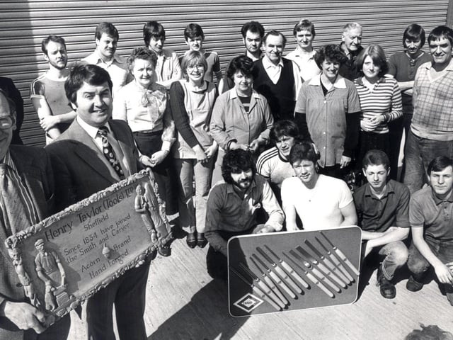 Engineering Director at Henry Taylor Tools Ltd., Gordon Russell (left) and the entire workforce, after they were awarded the Queen's Award for Industry, April 1981