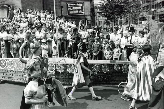 Sheffield Pageant makes its way past the City Hall, Sheffield on July 13, 1976