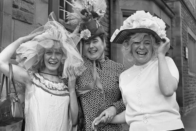 Mrs Geraldine Barrow (centre), landlady of the Grey Horse, Whitburn, with two of the contestants in the Easter Bonnet  contest.  With her are Mrs Anita McGurrell (left) and Barbara McKie.