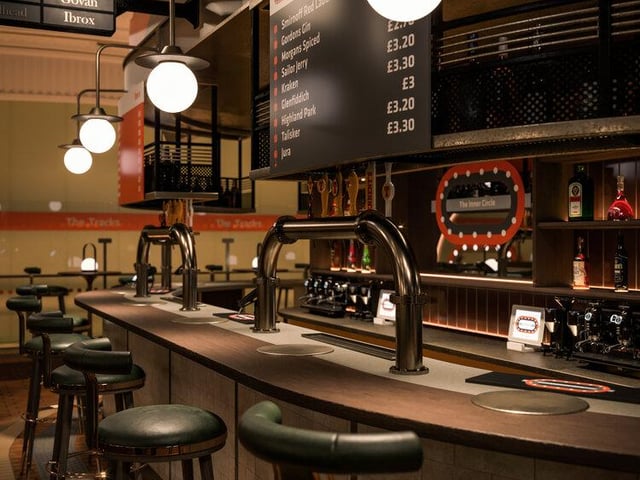 There is a station stop sign above the bar.
