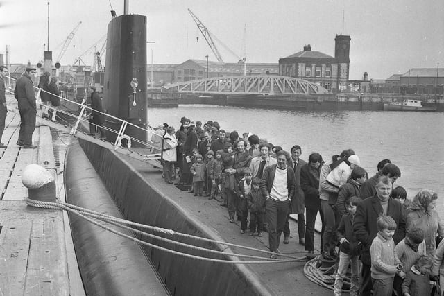 Visitors were pictured waiting to enter Royal Navy submarine Narwhal while on a five day visit to Sunderland in 1971. Can you spot someone you know?