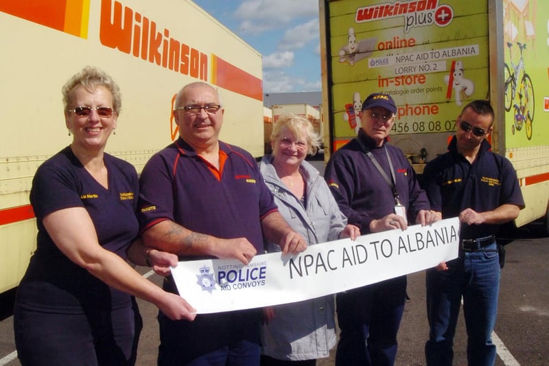 A Nottinghamshire Police Aid Convoy (NPAC) is about to leave for Albania, taking tonnes of aid to the country with help from Wilkinson which loaned the trailers and drivers for the trip. 
Pictured are Liz Martin (NPAC), driver Martin Greaves, Jan Hodgkiss who donated eight sewing machines, Ray Polaine and Aleksander Ndini, who was visiting from Albania.