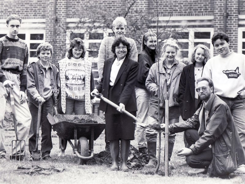 Teachers and pupils taking part in a tree planting ceremony at High Storrs school, Sheffield, in 1989
