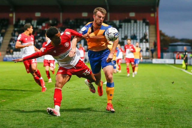 Mansfield Town forward Rhys Oates is fouled.