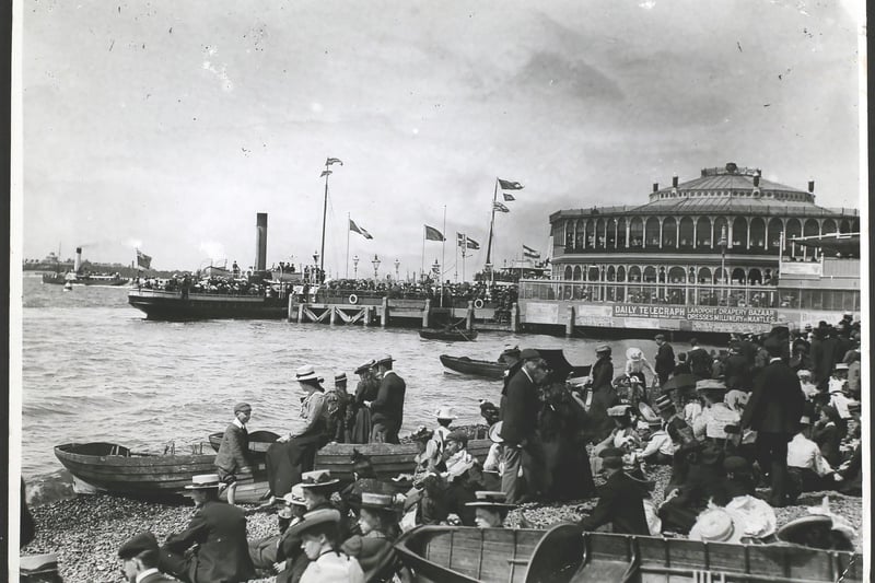 Crowds and boats on the beach at Southsea in 1890s. Photo by F. J. Mortimer/Hulton Archive/Getty Images