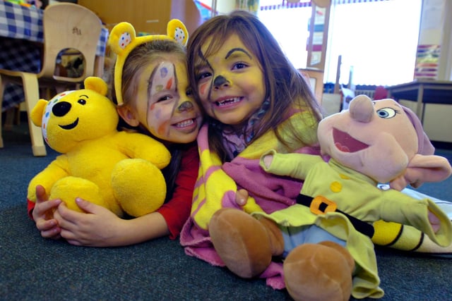 Jessica Smith (left) and Jade Brewis had a wonderful time at a pyjama day at South Hetton Primary School in 2009. They also made a Pudsey face out of pennies for Children in Need.