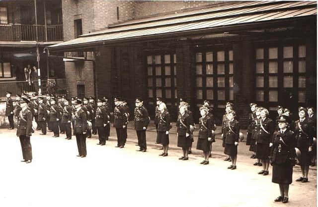 Members of the new National Fire Service parading at Division Street Fire Station during the war years. Picture courtesy of John Hague