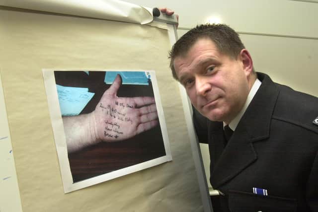 PC Richard Twigg jotted down notes on his hand while talking to Michaela Hague after she was stabbed