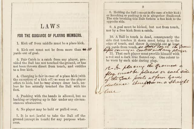 Undated Sotheby's handout photo of a copy of the earliest printed rules of football, which will be auctioned later this month and is expected to fetch more than ??50,000. Issue date: Tuesday July 6, 2021. PA Photo. One of two surviving copies of the rules printed in 1859 by the world???s first football club, Sheffield Football Club, will be sold at Sotheby???s on July 20, with online bidding opening from July 12. See PA story SALE Football. Photo credit should read: Sotheby's /PA Wire