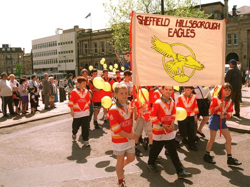 Euro 96 parade under way through Sheffield with the Sheffield Hillsborough Eagles taking part