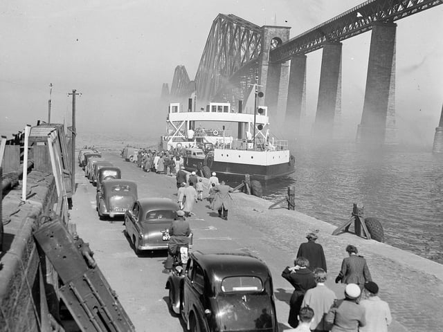 Cars queue at South Queensferry to board the ferry across the Forth three months before the Forth Road Bridge was opened.