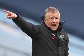Sheffield United manager Chris Wilder gestures from the touchline during the Premier League football match against Manchester City at the Etihad Stadium.