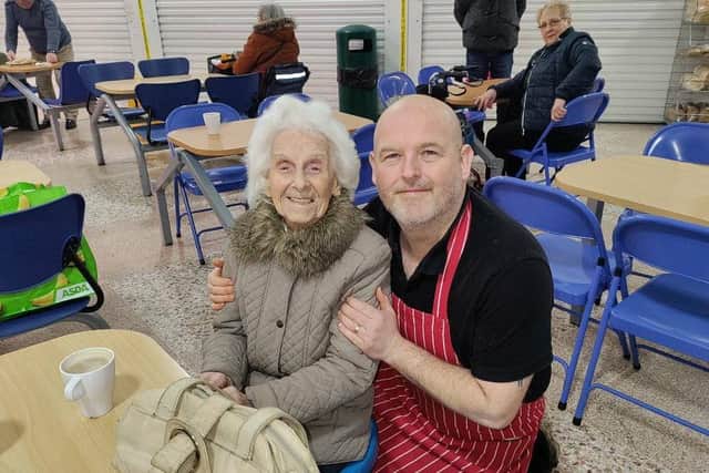 Joan Dawson pictured with Morley's Meats shop manager Darren Homyard.