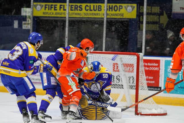 Sheffield Steelers' Tommaso Traversa digs in for the puck at Fife