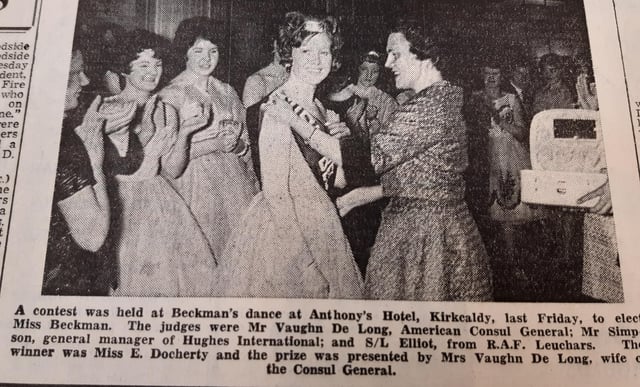 Anthony's Hotel in Kirkcaldy was the venue to crown Miss Beckman.
The competition was at Beckman's annual dance, and the crown went to Miss E. Docherty.
The presentation was made by Mr Vaughan De Long, American General Consul.